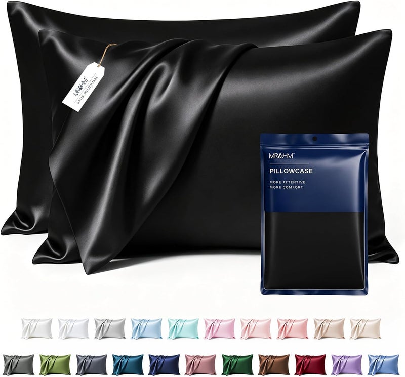 MR&HM Satin Pillowcase for Hair and Skin, Silk Satin Pillowcase 2 Pack, King Size Pillow Cases Set of 2, Silky Pillow Cover with Envelope Closure (20x40, Black) - Image 1