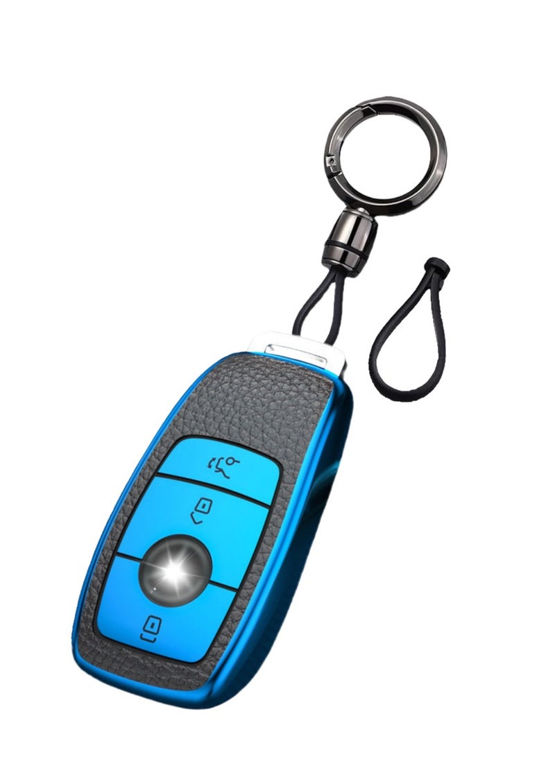 OUYoo Car Key Case Suitable for Mercedes Benz, Key Case Cover for E Class 2017 S Class 2018 TPU Silicone Leather Texture Protective Case,Bring a key chain.（Blue） - Image 1