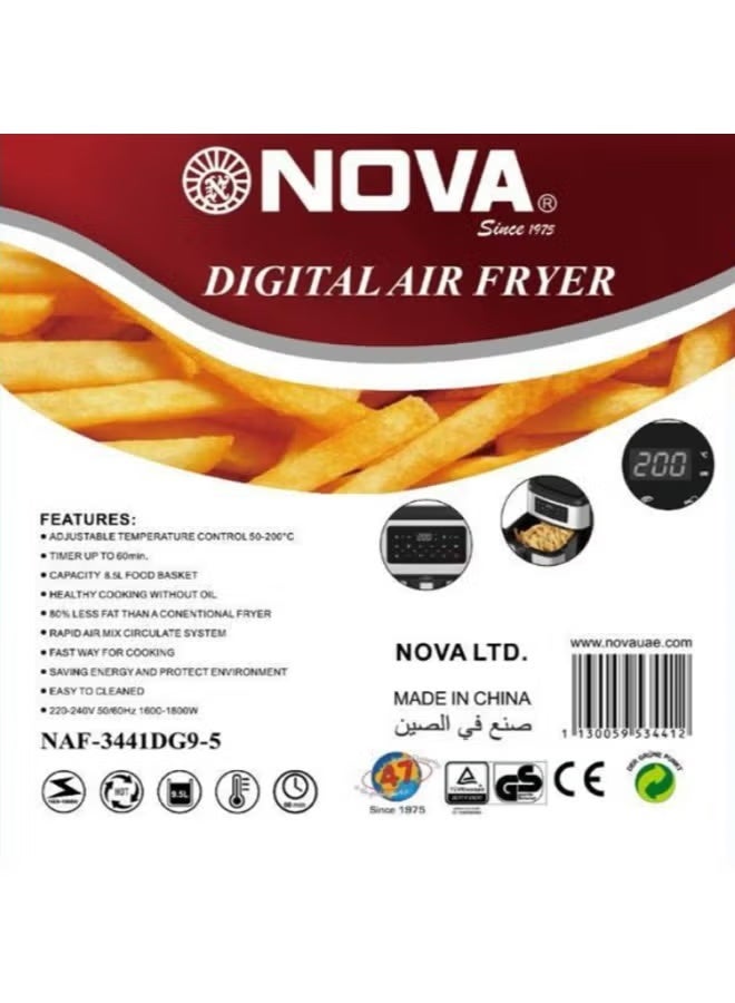 Nova NAF-3441DG9-5 Digital Air Fryer 9.5L Large Capacity, 1600-1800W Oil-Free Cooker, Touch Control, Adjustable Temperature 50-200°C, 60-Minute Timer, Non-Stick Basket, Rapid Air Frying for Family Kitchen - Image 3