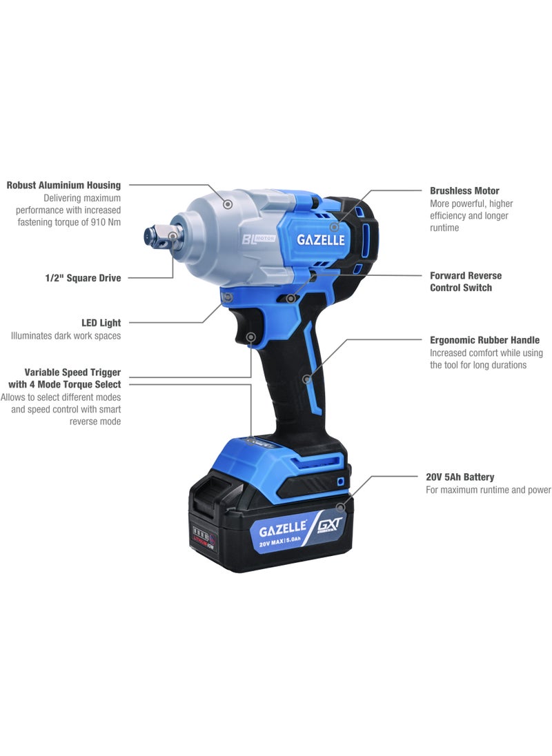 Gazelle Gazelle GC2036 20V 1/2 In. Cordless Torque Wrench, 698Nm, 3-Speed, 3-Speed, with 2 x 5.0Ah Li-Ion Batteries 1 year warranty  - Image 2