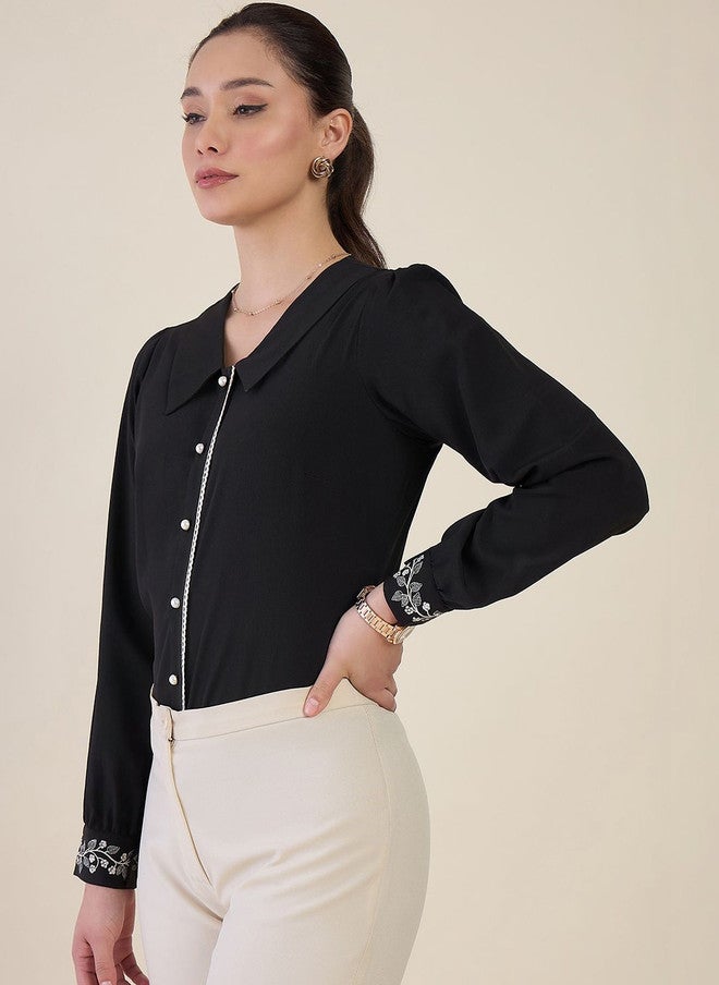 WineRed Black Peter Pan Collar Crepe Shirt with Embroidered Sleeves - Image 3