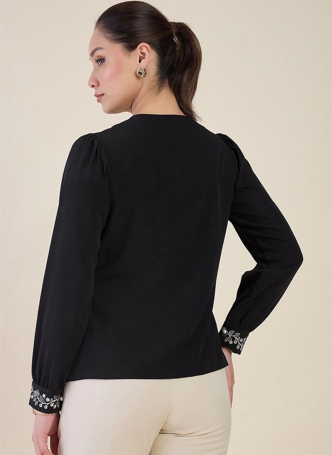 WineRed Black Peter Pan Collar Crepe Shirt with Embroidered Sleeves - Image 5
