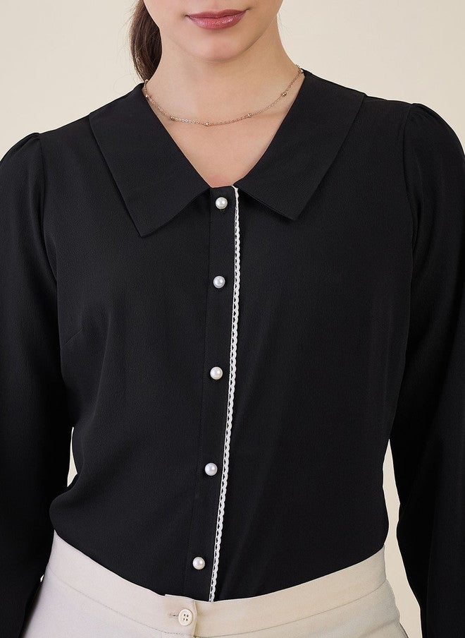 WineRed Black Peter Pan Collar Crepe Shirt with Embroidered Sleeves - Image 4