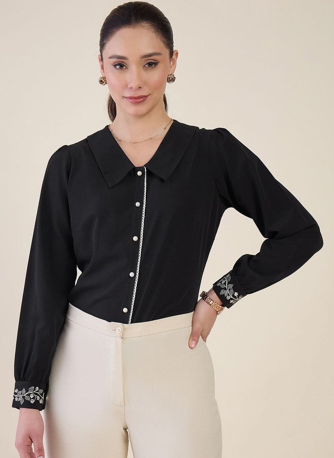 WineRed Black Peter Pan Collar Crepe Shirt with Embroidered Sleeves - Image 2