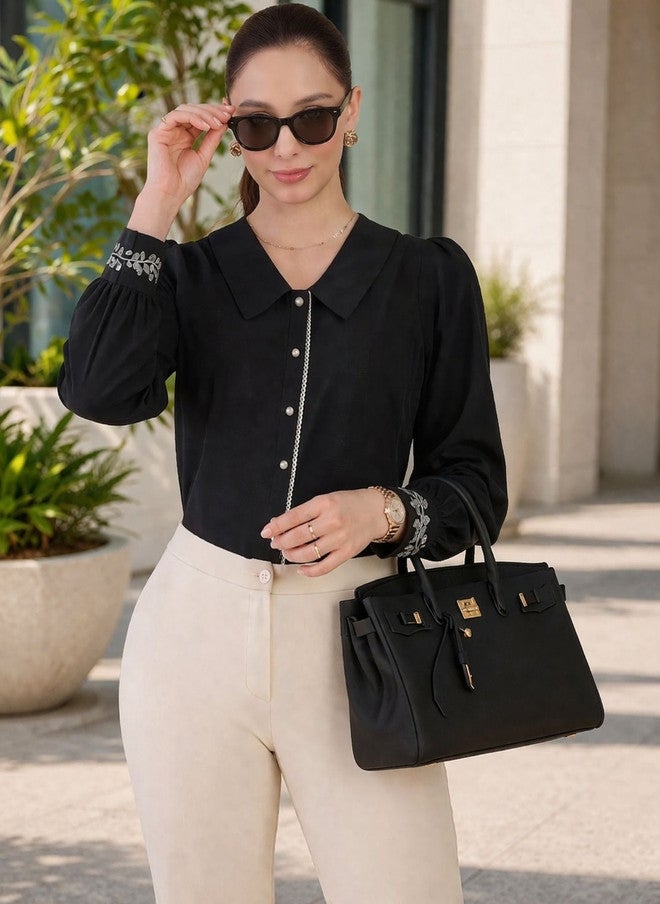 WineRed Black Peter Pan Collar Crepe Shirt with Embroidered Sleeves - Image 1