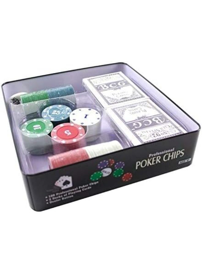 BJM Poker Set with Metal Box, 100 Chips +2 Decks of Cards+Dealer Token - Image 4