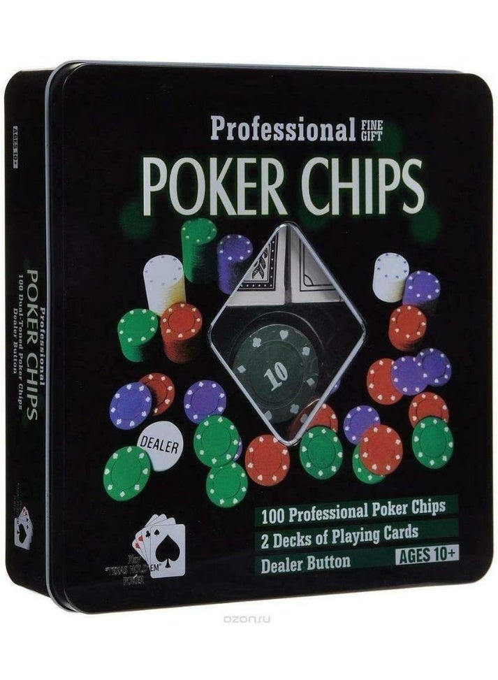 BJM Poker Set with Metal Box, 100 Chips +2 Decks of Cards+Dealer Token - Image 1
