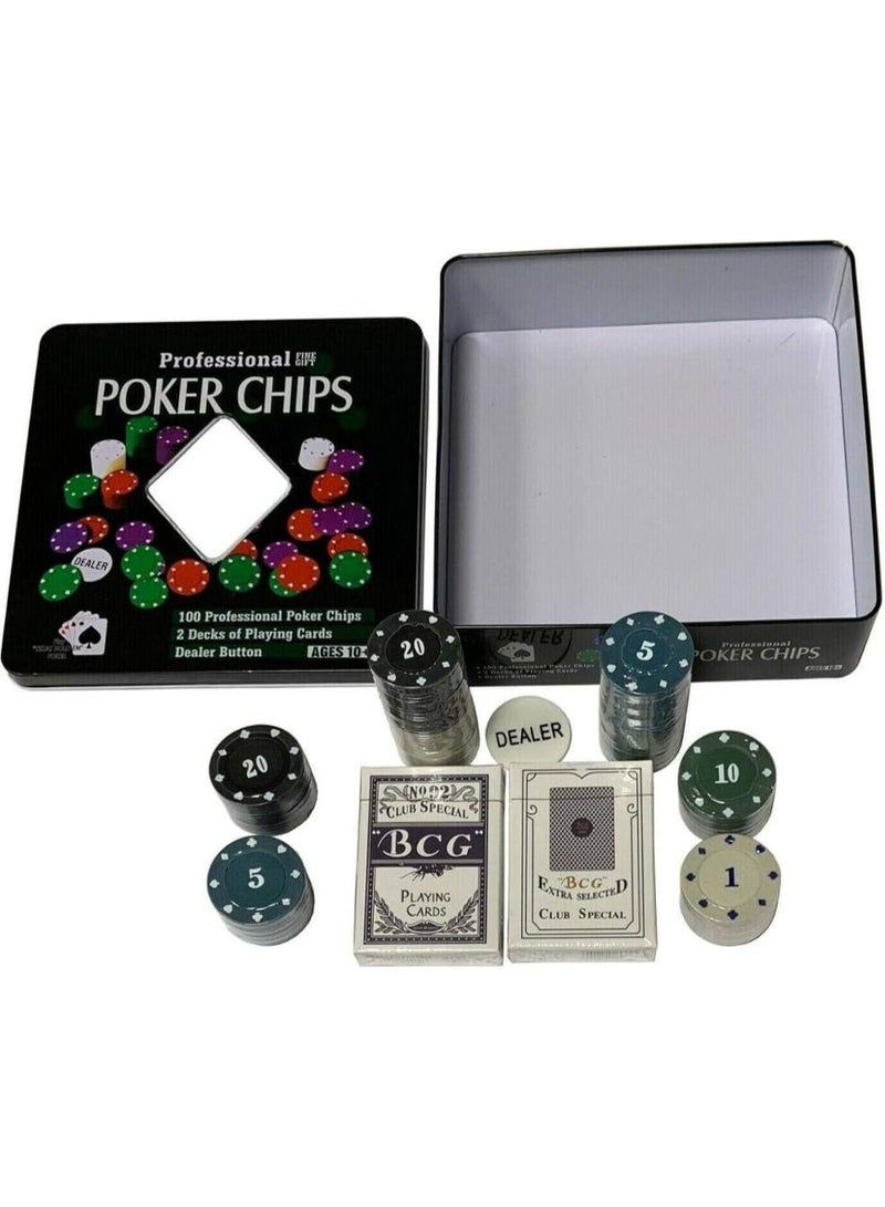 BJM Poker Set with Metal Box, 100 Chips +2 Decks of Cards+Dealer Token - Image 2