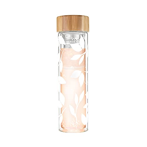 Pinky Up Blair Travel Tea Infuser Mug Double Walled Insulated Travel Tumbler with Loose Leaf Tea Strainer Travel Coffee Mug Keeps Drinks Hot or Cold 16 oz White Leaf