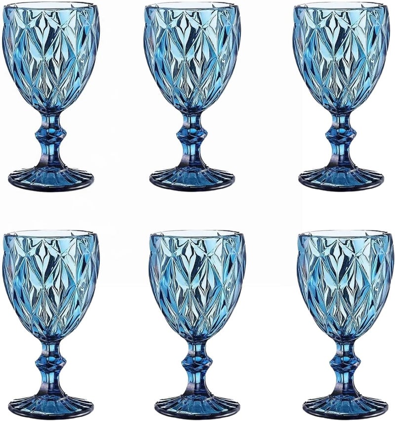 JAFFIUST Blue Vintage Wine Glasses,Clear Water Goblet Glasses,Stemmed Drinking Glasses with Embossed Pattern,Colored Glassware Set for Wedding Party Banquet Feast,10 oz,Set of 6,Dishwasher Safe - Image 1