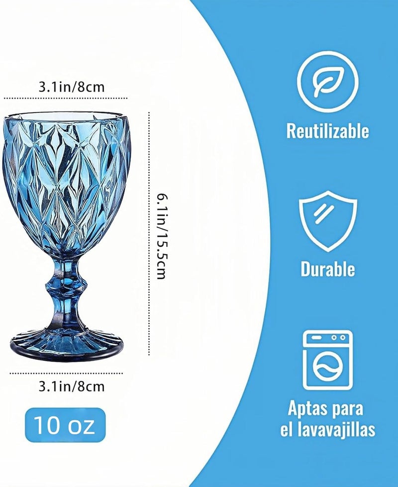 JAFFIUST Blue Vintage Wine Glasses,Clear Water Goblet Glasses,Stemmed Drinking Glasses with Embossed Pattern,Colored Glassware Set for Wedding Party Banquet Feast,10 oz,Set of 6,Dishwasher Safe - Image 2