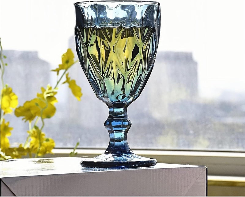 JAFFIUST Blue Vintage Wine Glasses,Clear Water Goblet Glasses,Stemmed Drinking Glasses with Embossed Pattern,Colored Glassware Set for Wedding Party Banquet Feast,10 oz,Set of 6,Dishwasher Safe - Image 5