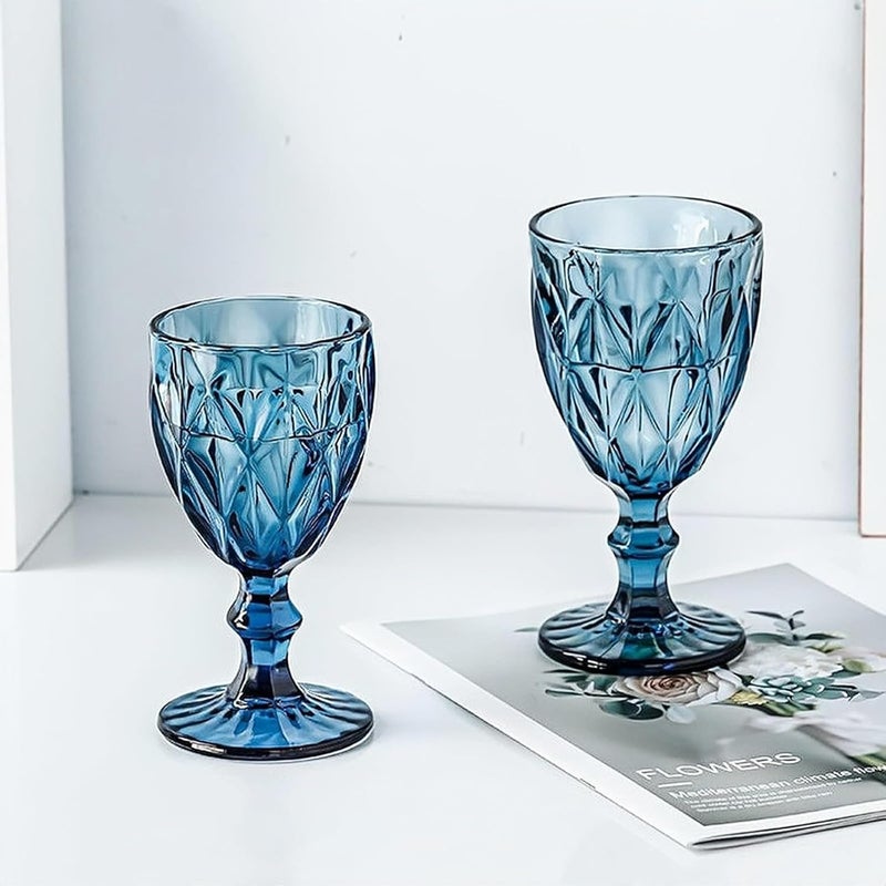 JAFFIUST Blue Vintage Wine Glasses,Clear Water Goblet Glasses,Stemmed Drinking Glasses with Embossed Pattern,Colored Glassware Set for Wedding Party Banquet Feast,10 oz,Set of 6,Dishwasher Safe - Image 4
