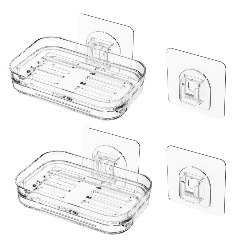 Ettori Bar Soap Dish 2 Pack,Self Draining Soap Holder for Shower,Wall Mounted Soap Saver with Strong Adhesive, No Drilling Clear Plastic Holder for Bathroom Storage & Kitchen Sink Organizer,Keeps Soap Dry - Image 1
