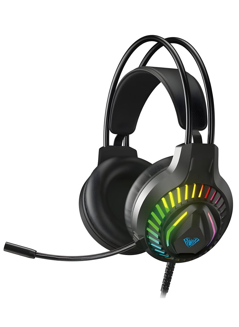 AULA AULA S605 Gaming Headset with LED Lighting & 50mm Stereo Sound – Noise-Canceling Microphone – Wired with Closed Earmuffs – Black  - Image 1