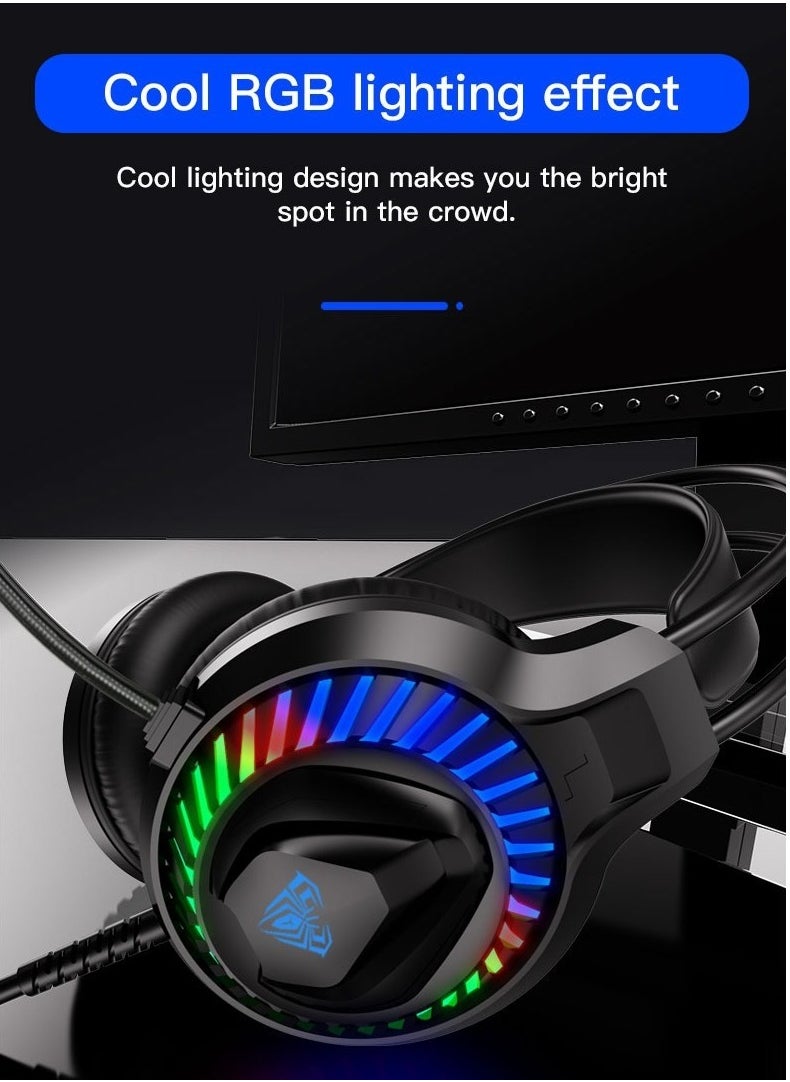 AULA AULA S605 Gaming Headset with LED Lighting & 50mm Stereo Sound – Noise-Canceling Microphone – Wired with Closed Earmuffs – Black  - Image 3