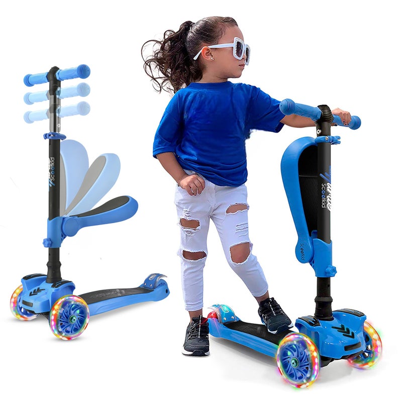 Hurtle 3 Wheeled Scooter for Kids - 2-in-1 Sit/Stand Child Toddlers Toy Kick Scooters w/ Flip-out Seat, Adjustable Height, Wide Deck, Flashing Wheel Lights, Great for Outdoor Fun -(Blue) - Image 1