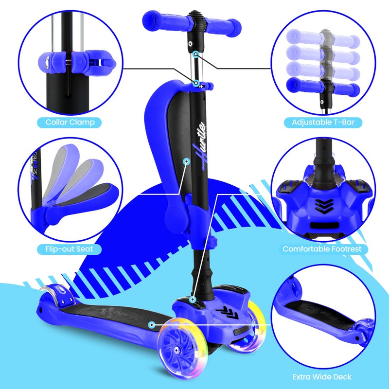 Hurtle 3 Wheeled Scooter for Kids - 2-in-1 Sit/Stand Child Toddlers Toy Kick Scooters w/ Flip-out Seat, Adjustable Height, Wide Deck, Flashing Wheel Lights, Great for Outdoor Fun -(Blue) - Image 4