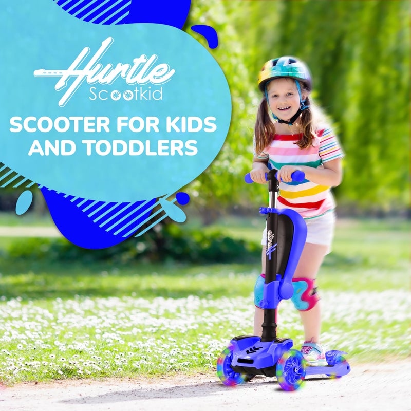 Hurtle 3 Wheeled Scooter for Kids - 2-in-1 Sit/Stand Child Toddlers Toy Kick Scooters w/ Flip-out Seat, Adjustable Height, Wide Deck, Flashing Wheel Lights, Great for Outdoor Fun -(Blue) - Image 3
