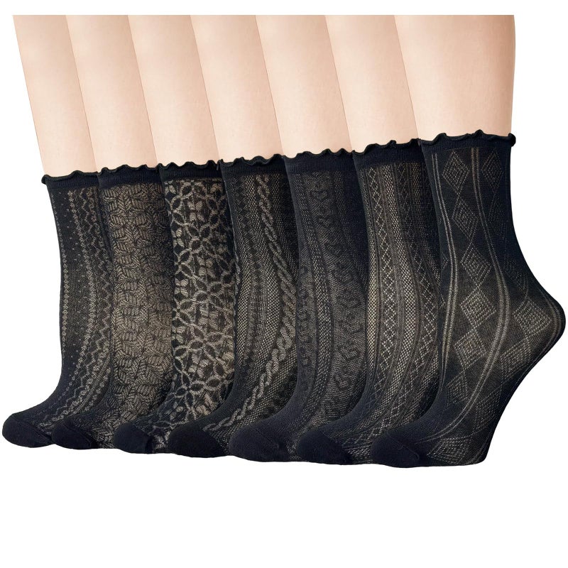 Cityelf 7 Pack Women's Black Ruffle Socks Mesh Lace Cotton Casual Crew Ultra Thin Frilly Ankle Socks - Image 1