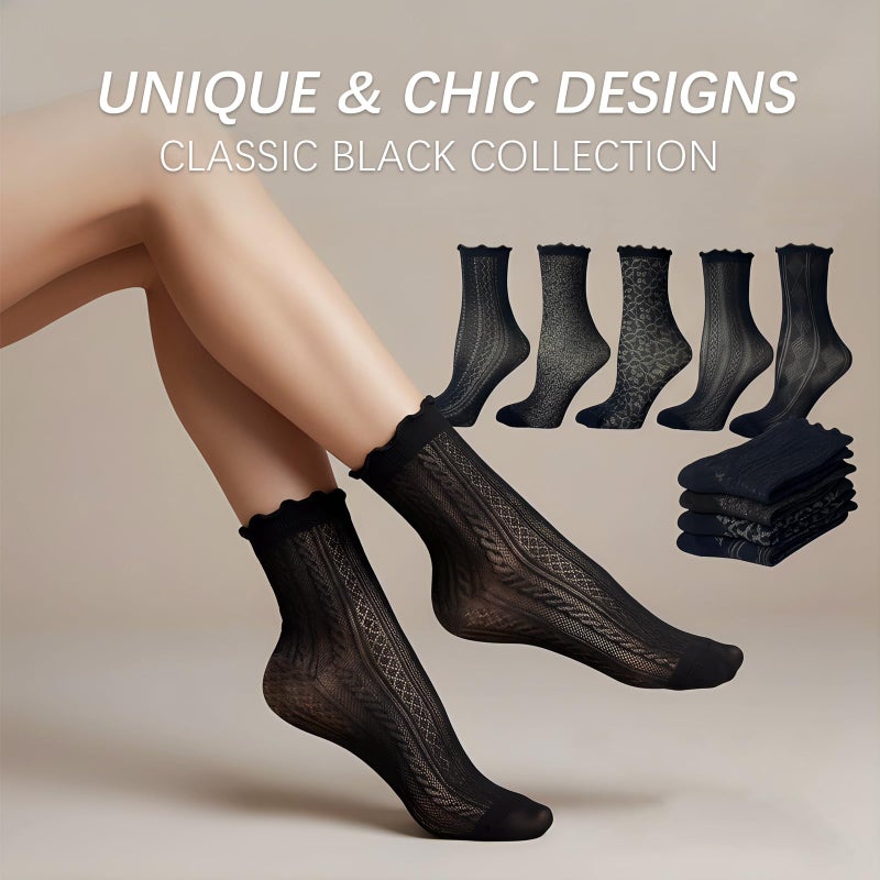 Cityelf 7 Pack Women's Black Ruffle Socks Mesh Lace Cotton Casual Crew Ultra Thin Frilly Ankle Socks - Image 5