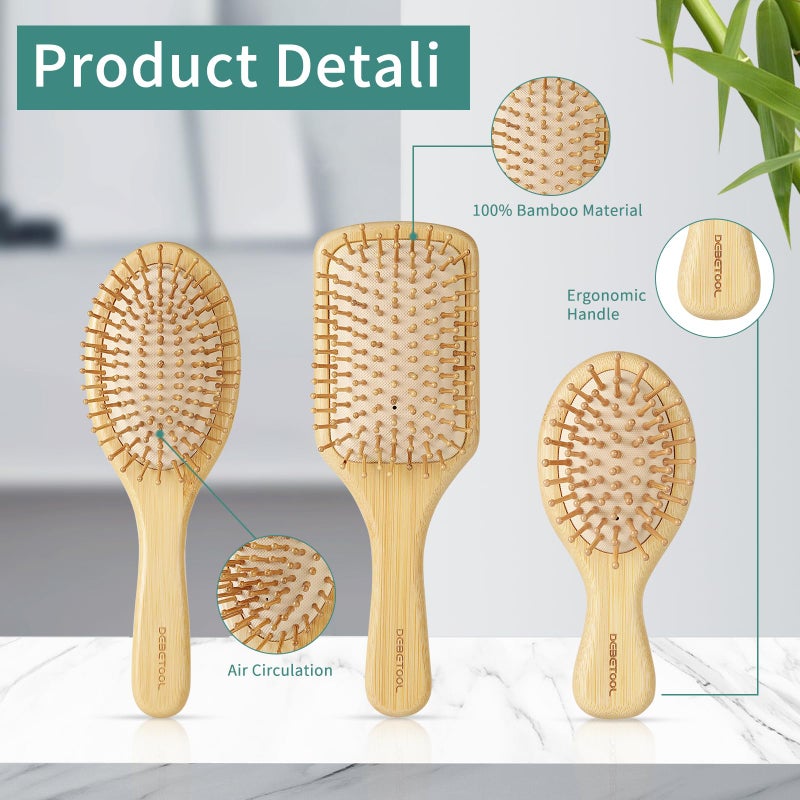 DEBETOOL Bamboo Hair Brush Set, Natural Wooden Bamboo Comb Paddle Detangling Hairbrush for Hair Growth - Wide-tooth and Tail Comb Suitable for Thick/Thin/Curly/Dry Hair - Image 3