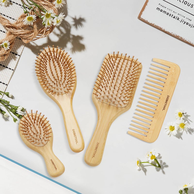 DEBETOOL Bamboo Hair Brush Set, Natural Wooden Bamboo Comb Paddle Detangling Hairbrush for Hair Growth - Wide-tooth and Tail Comb Suitable for Thick/Thin/Curly/Dry Hair - Image 5