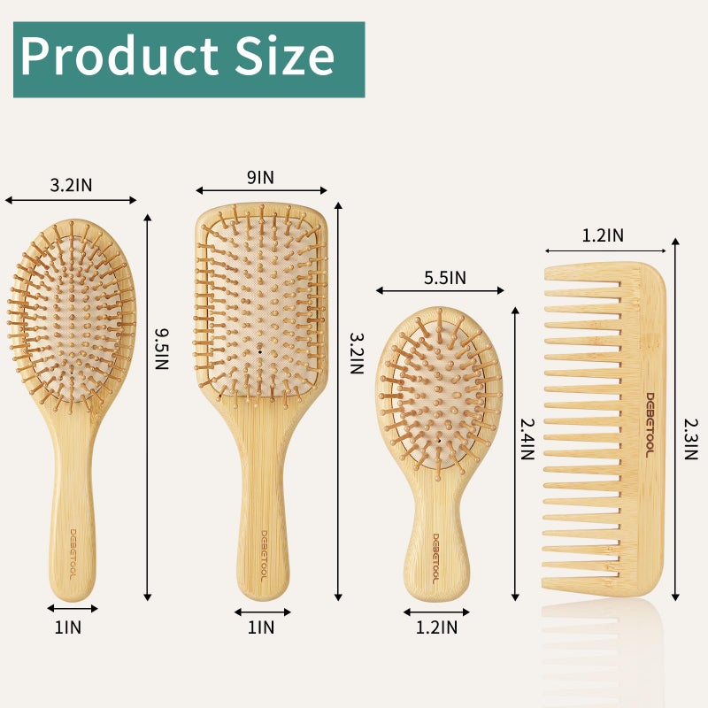 DEBETOOL Bamboo Hair Brush Set, Natural Wooden Bamboo Comb Paddle Detangling Hairbrush for Hair Growth - Wide-tooth and Tail Comb Suitable for Thick/Thin/Curly/Dry Hair - Image 2