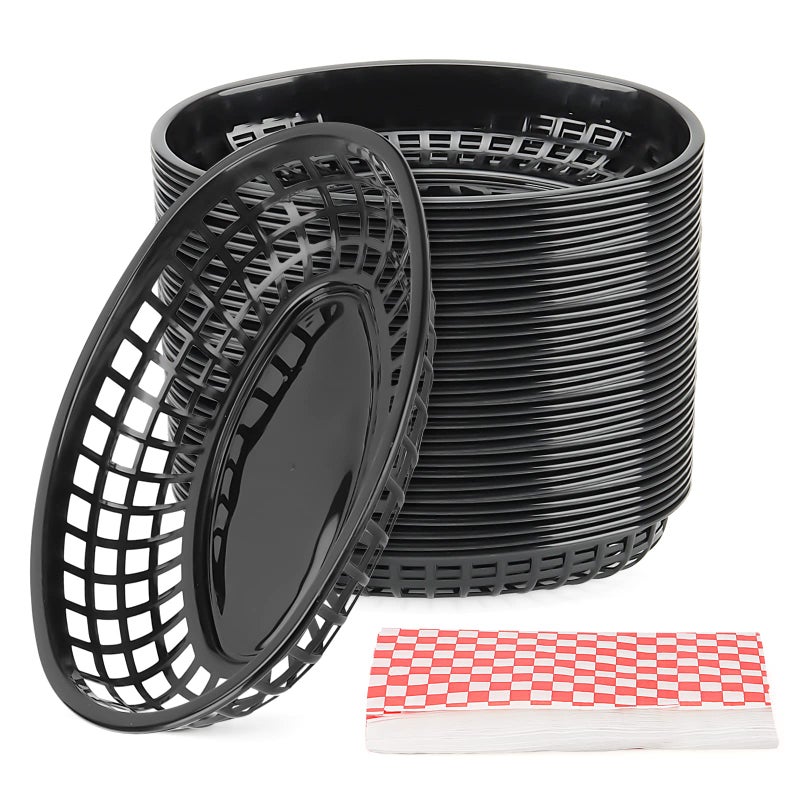MANCHAP 50 Pack 88 x 55 Inch Plastic Fast Food Serving Baskets Black with 100 Checkered Deli Liners Oval Food Baskets for Deli Hot Dogs Burgers - Image 1