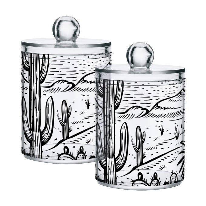 APOTHECARY JARS BATHROOM STORAGE ORGANIZER WITH LID 14 OZ QTIP HOLDER DISPENSER WESTERN DESERT CLEAR PLASTIC CANISTER FOR COTTON SWAB COTTON BALL 2PCS