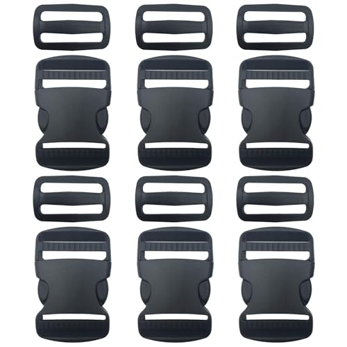 EesTeck 6 Set 15 Inch Flat Dual Adjustable Plastic Quick Side Release Plastic Buckles and Triglide Slides for Luggage Straps Pet Collar Backpack Repairing Black Fit For 1538mm Webbing Straps - Image 1