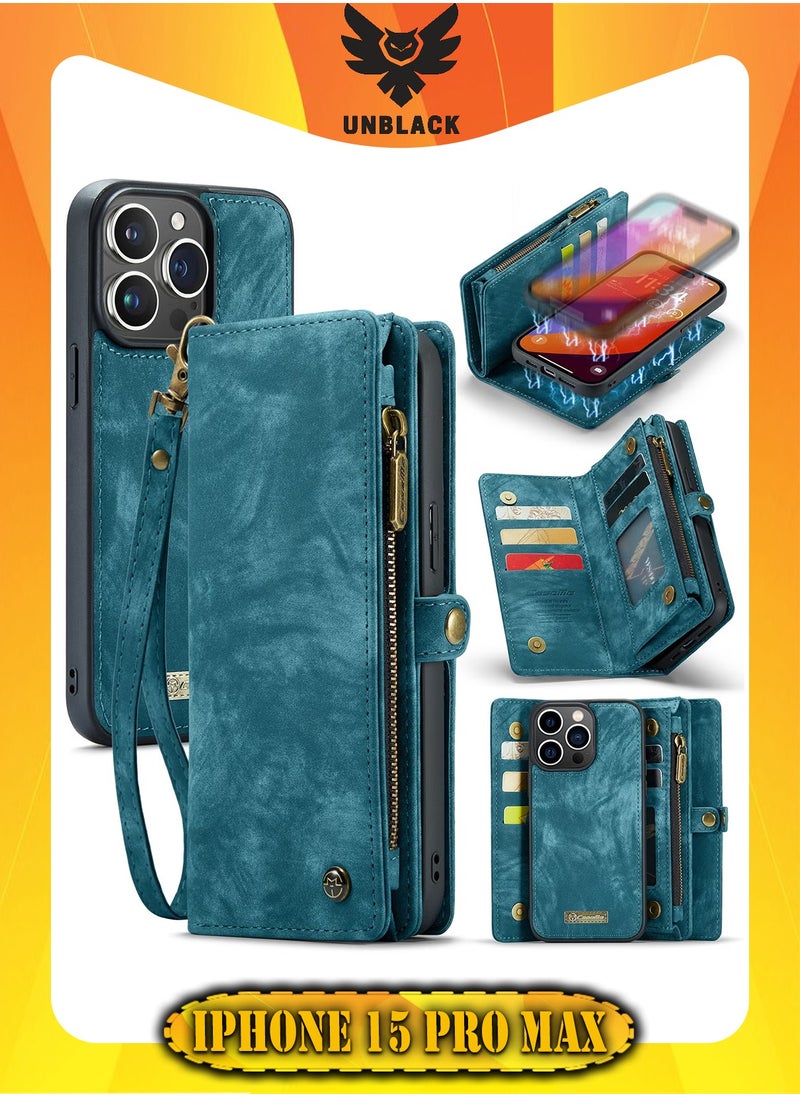 CaseMe Protective Phone Cover Case Wallet Case For Apple iPhone 15 Pro Max, 2 in 1 Detachable Premium Leather Magnetic Zipper Pouch Wristlet Flip Phone Case (Blue)  - Image 1