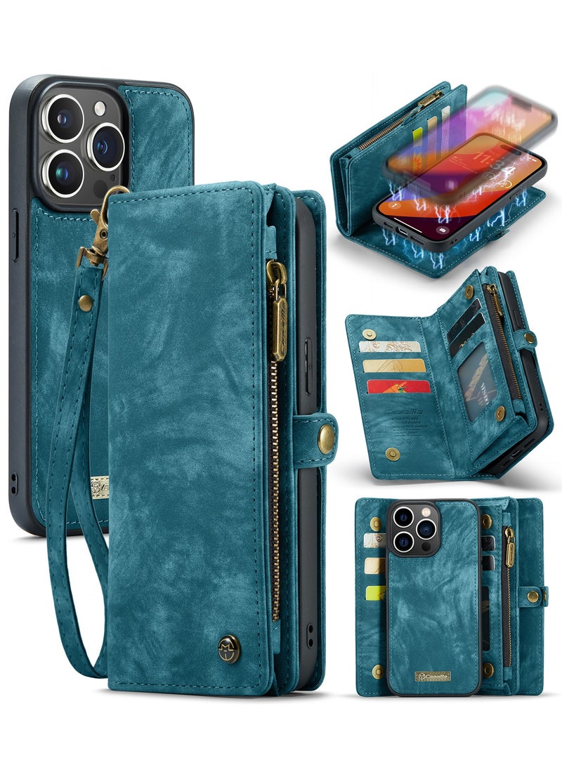 CaseMe Protective Phone Cover Case Wallet Case For Apple iPhone 15 Pro Max, 2 in 1 Detachable Premium Leather Magnetic Zipper Pouch Wristlet Flip Phone Case (Blue)  - Image 2