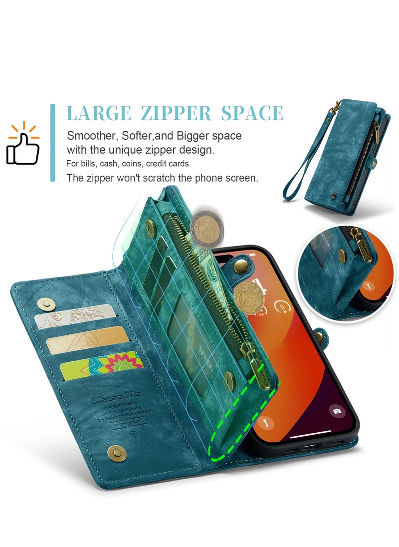 CaseMe Protective Phone Cover Case Wallet Case For Apple iPhone 15 Pro Max, 2 in 1 Detachable Premium Leather Magnetic Zipper Pouch Wristlet Flip Phone Case (Blue)  - Image 4