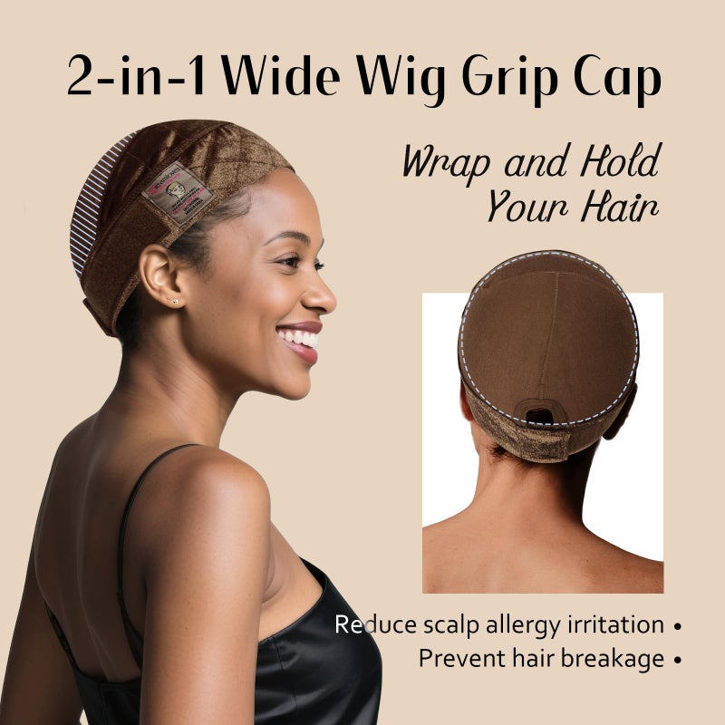 Dreamlover Wide Wig Grip Cap for Women, 2-in-1 Breathable Wig Caps with Velvet Wig Grip Band for Lace Front Wigs, Brown, 1 Piece - Image 3