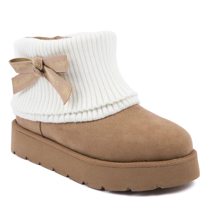 Juicy Couture Womenâ€™s Ankle Boots â€“ Micro Suede Booties with Faux Fur Lining, Ribbed Knit Collar, Juicy Logo Bow-Pierre-Natural-9 - Image 1