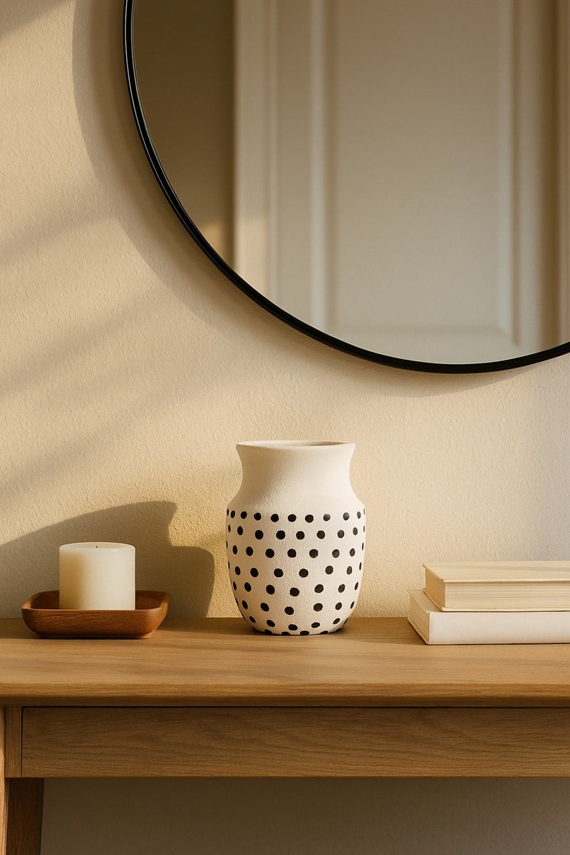 ماريا هومز مزهرية خزفية بيضاء طبيعية مع نقاط سوداء – مزهرية زخرفية بفم منحني - Image 3