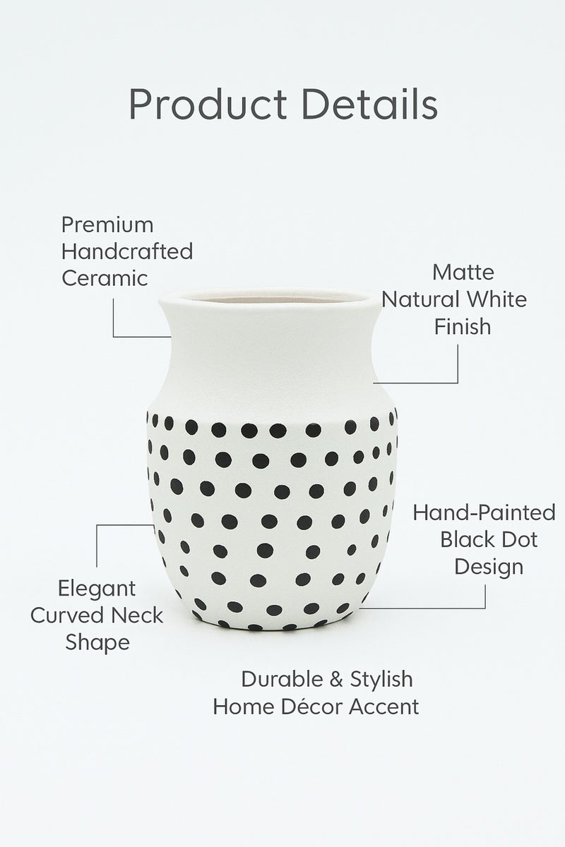 ماريا هومز مزهرية خزفية بيضاء طبيعية مع نقاط سوداء – مزهرية زخرفية بفم منحني - Image 4