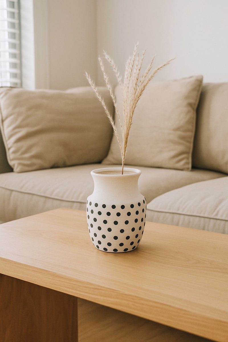 ماريا هومز مزهرية خزفية بيضاء طبيعية مع نقاط سوداء – مزهرية زخرفية بفم منحني - Image 1