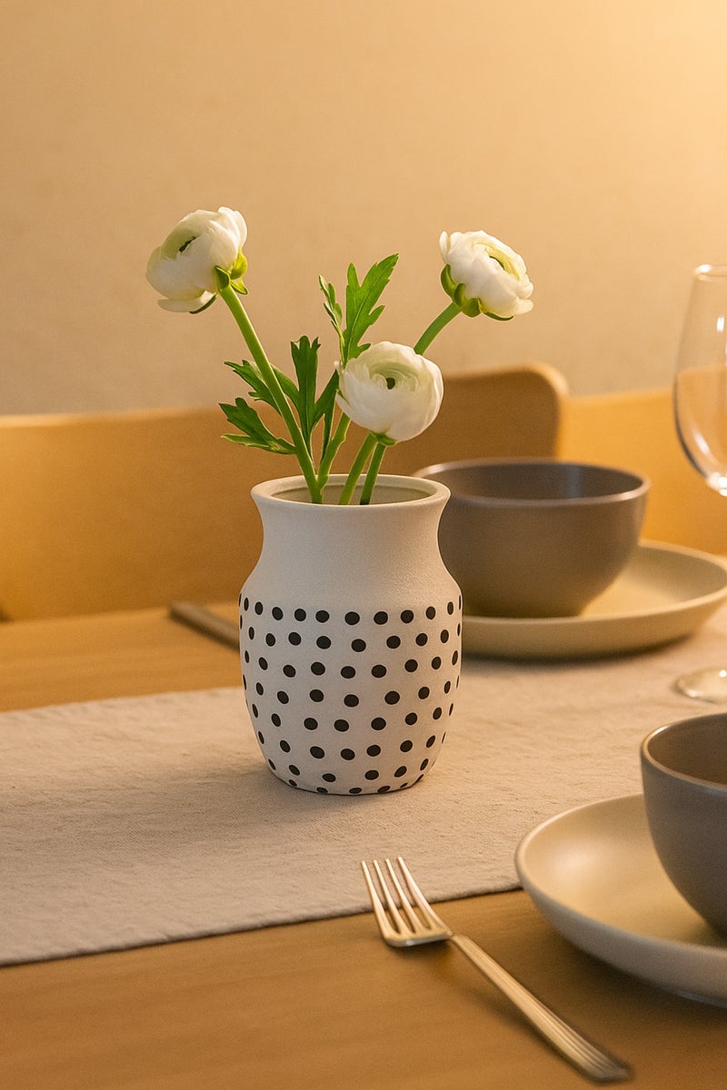 ماريا هومز مزهرية خزفية بيضاء طبيعية مع نقاط سوداء – مزهرية زخرفية بفم منحني - Image 2