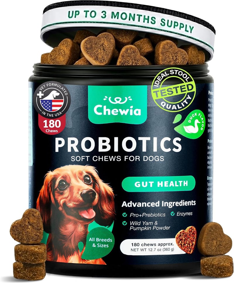 CHEWIA Probiotics for Dogs Gut Health, Digestion, Immunity, Yeast Balance, Itchy Skin, Allergies Support - Dog Probiotic Chews with Digestive Enzymes for Gut Flora- Soft Treats with Pumpkin and Yeast Powder - Image 1