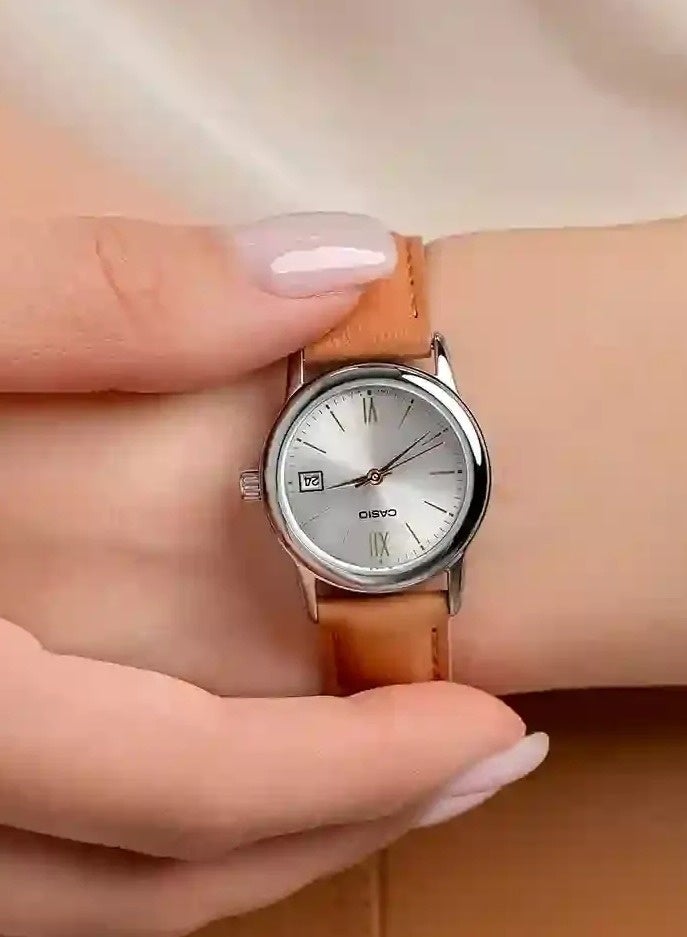 CASIO Analog Women’s Watch LTP‑V002L‑7B3UDF, 25 mm Silver Dial, Stainless Steel Case, Brown Leather Band, Water Resistant - Image 2