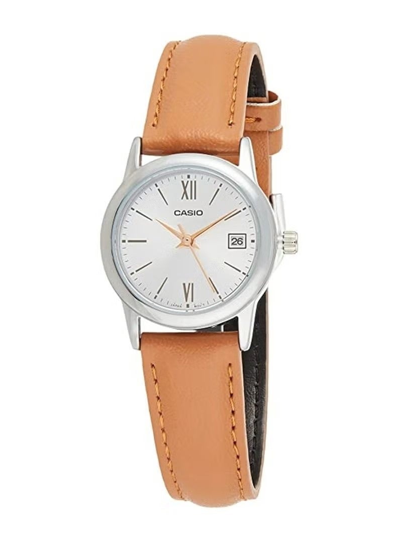 CASIO Analog Women’s Watch LTP‑V002L‑7B3UDF, 25 mm Silver Dial, Stainless Steel Case, Brown Leather Band, Water Resistant - Image 1