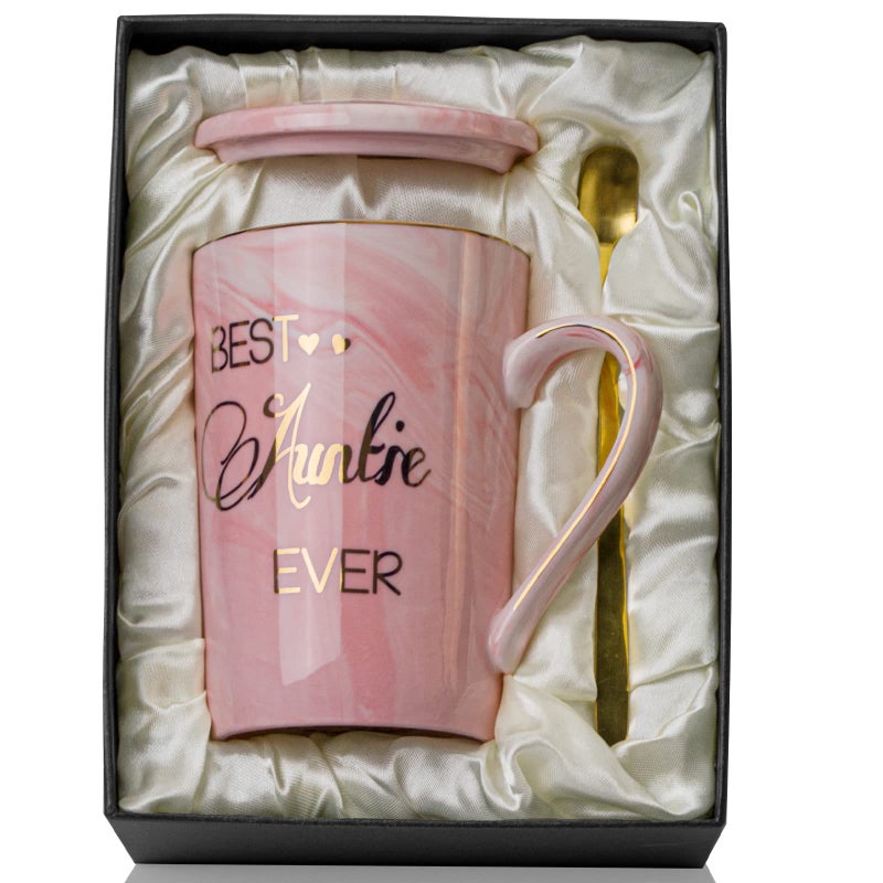 Doublewhale Aunt Gifts from Niece Nephew Best Aunt Ever Gift Mug Happy Christmas Birthday Mothers Day Gifts for Auntie Marble Ceramic Auntie Coffee Mug Gifts Box Printed Gold 14 Oz Pink