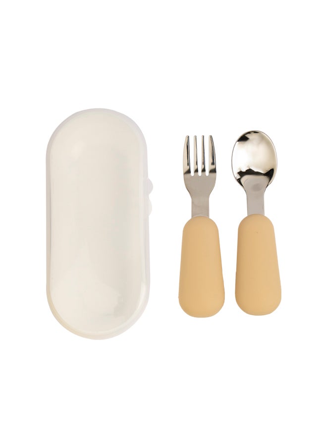 Babies Basic Stainless Steel Cutlery Set With Spoon And Fork With Travel Case - Beige  - Image 1