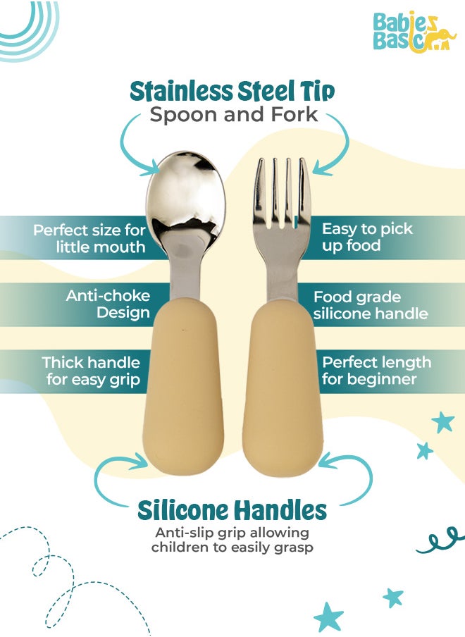 Babies Basic Stainless Steel Cutlery Set With Spoon And Fork With Travel Case - Beige  - Image 2