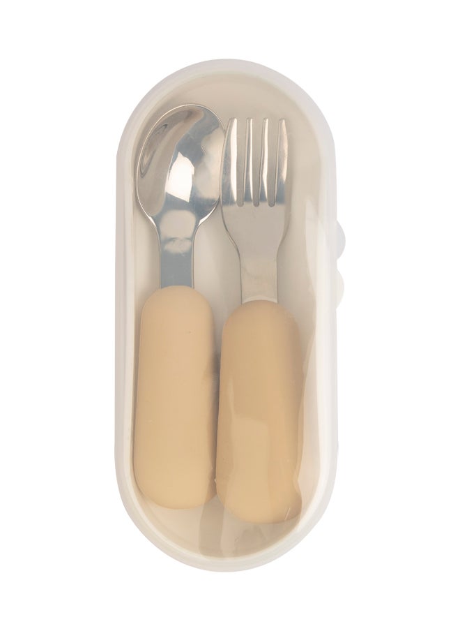 Babies Basic Stainless Steel Cutlery Set With Spoon And Fork With Travel Case - Beige  - Image 5