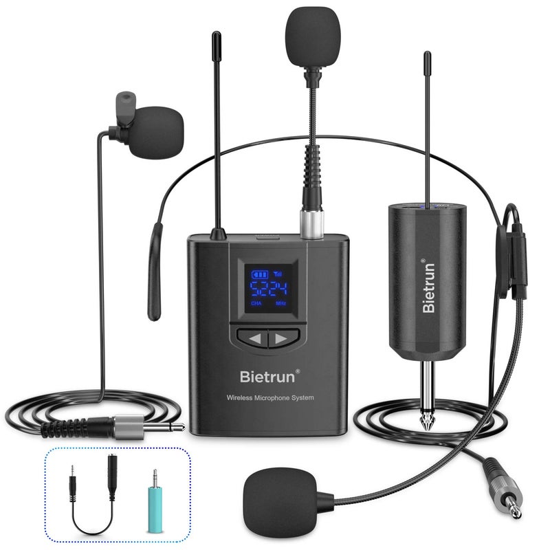 Bietrun UHF Wireless Lavalier Lapel Microphone SystemHeadset MicStand Mic 165ft Range Rechargeable Transmitter Receiver 14 Output for iPhoneAndroidPA SpeakerDSLR CameraYouTube Recording