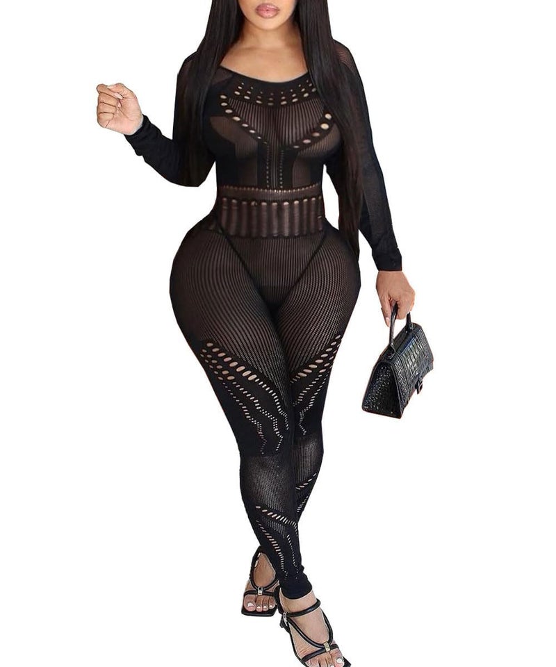 GirlFriend Lingerie Premium Fishnet One Piece Deep V Neck Teddy Babydoll Mesh Nightwear for Women Mesh Badydoll Suit Fishnets Bodysuit See Through Lingerie Chemise Outfits for Women Girl Black - Image 1