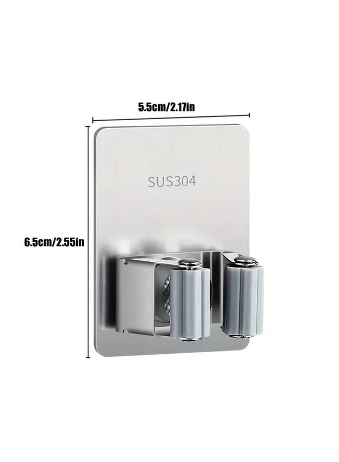 Silvery Stainless Steel Mop Broom Holder Wall Mounted Storage Rack With Hooks - Image 4